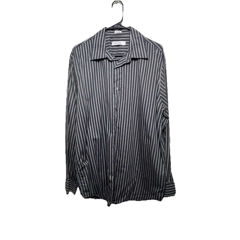 Calvin‎ Klein Mens 100% Cotton Stripe Dress Shirt Large Gray Black Blue White